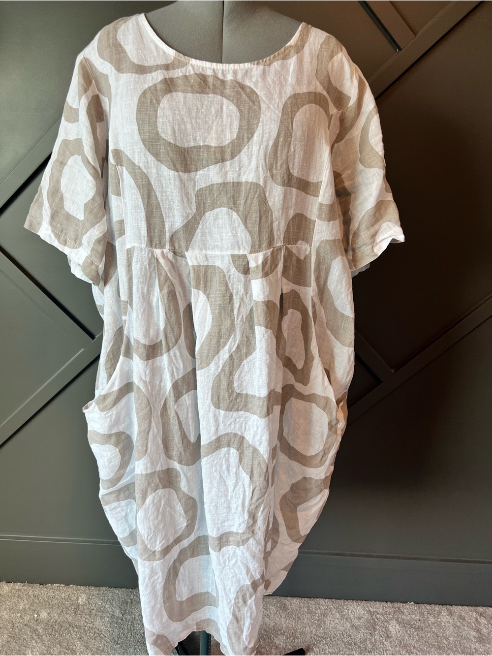 Lightweight White Linen Dress with Taupe Geometric Print
